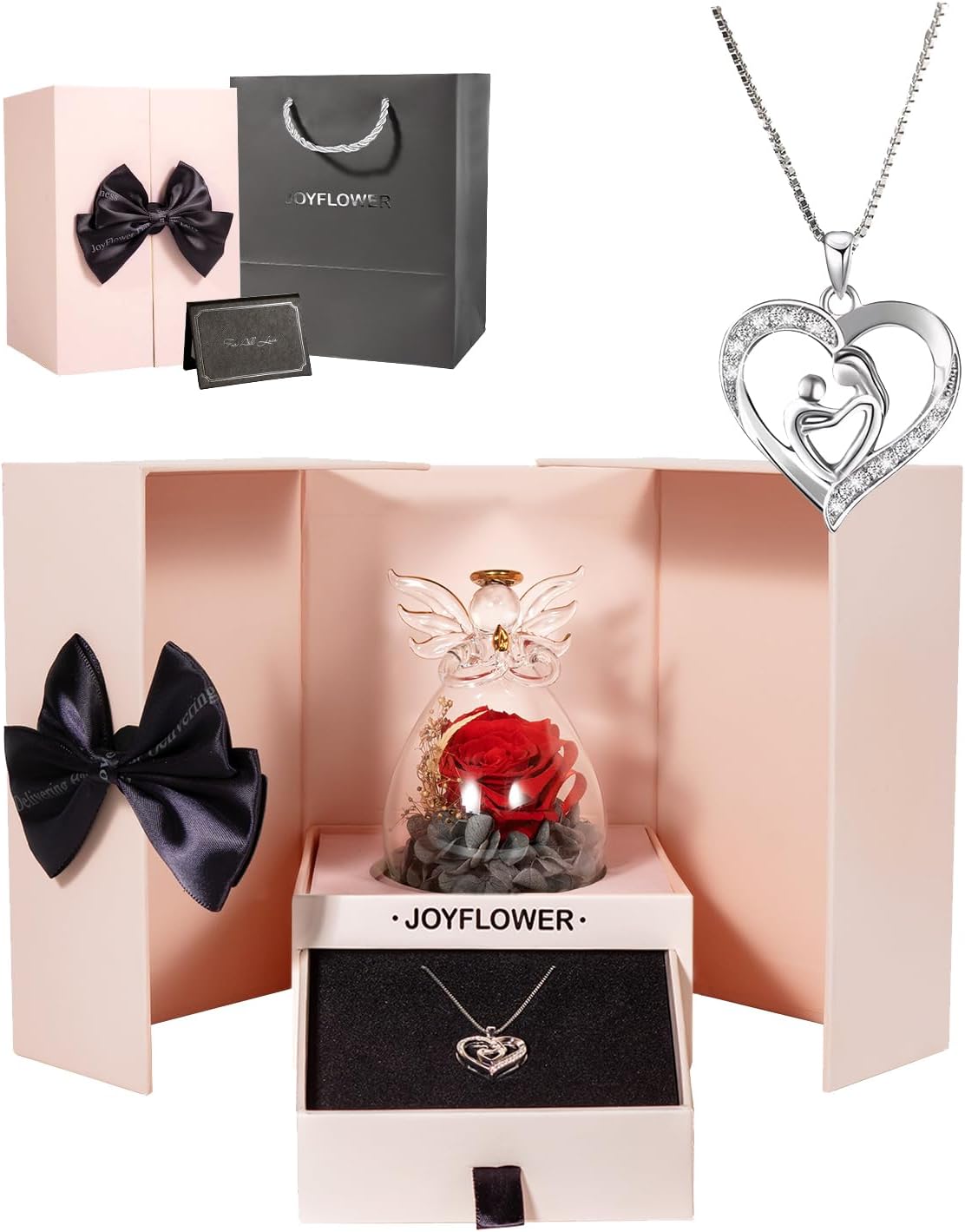 JoyFlower Preserved Flower Angel Figurine with Necklace Gifts for Mom, Red Eternal Rose Glass Angels Gift, Preserved Rose for Wife Mom Grandma Mother Her on Christmas Anniversary Mother's Day Birthday