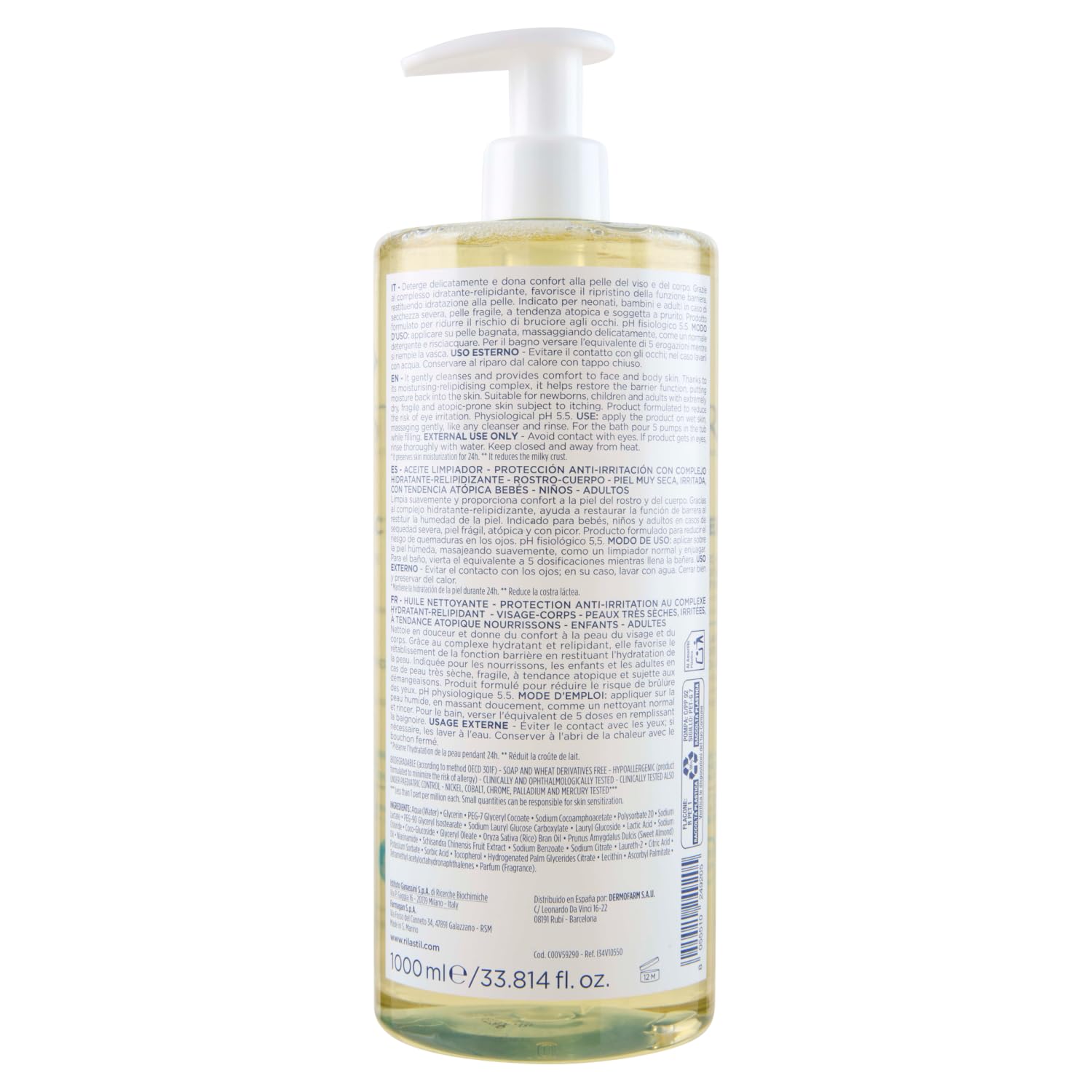 Rilastil Xerolact Olio Detergente Viso e Corpo per Neonati, Bambini e Adulti, Idratante, Relipidante, per Pelli Secche, Irritate e con Tendenza Atopica. Confezione da 1000 ml