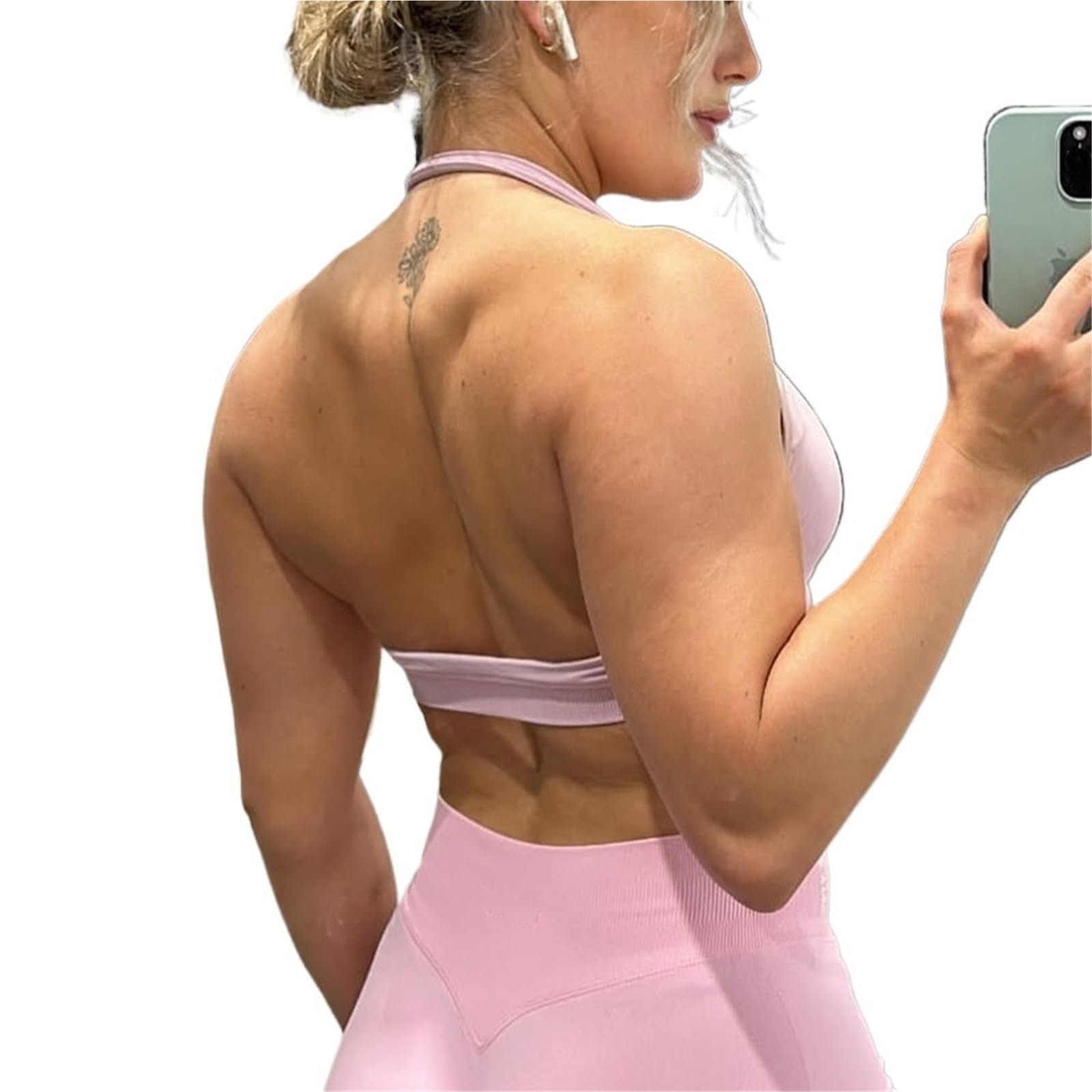 Sujetador Deportivo Mujer Top Deportivo sin Costuras con Tirantes y Espalda Descubierta, Acolchado Cuello Halter for Gimnasio, Entrenamiento, Yoga Ropa Deportiva para Yoga Running y Fitness