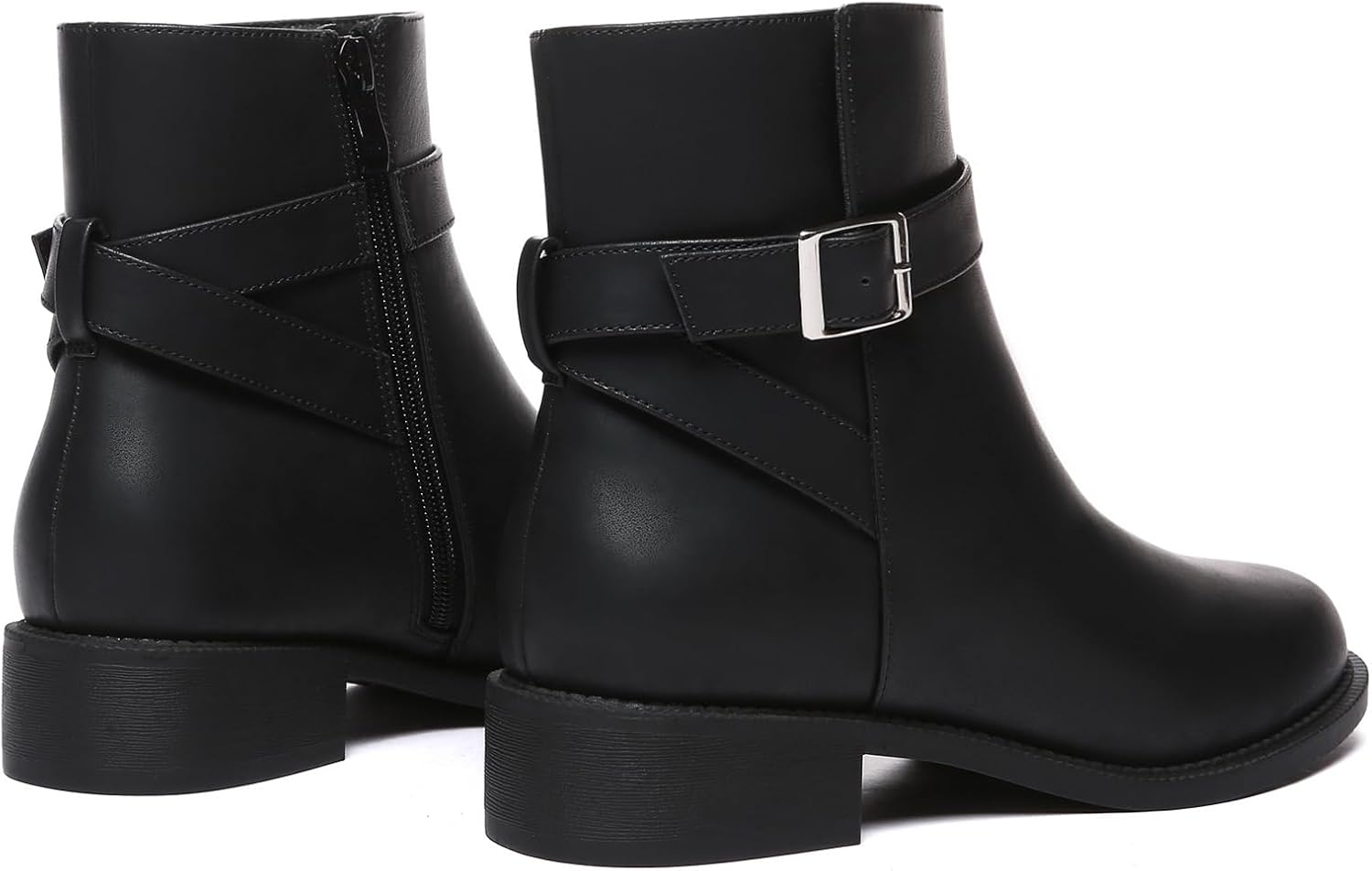 Athlefit Women's Ankle Boots Chunky Low Heel Fashion Round Toe Buckle leather Booties - Image 6