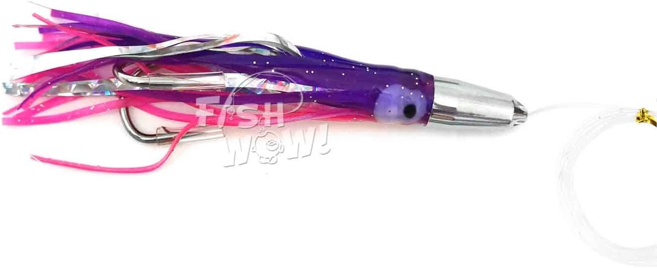 5pcs Fish WOW!® 5" Bullet Super Hex Jet Head Mylar Squid Rig Trolling Rigged Double Hook - Pink Purple