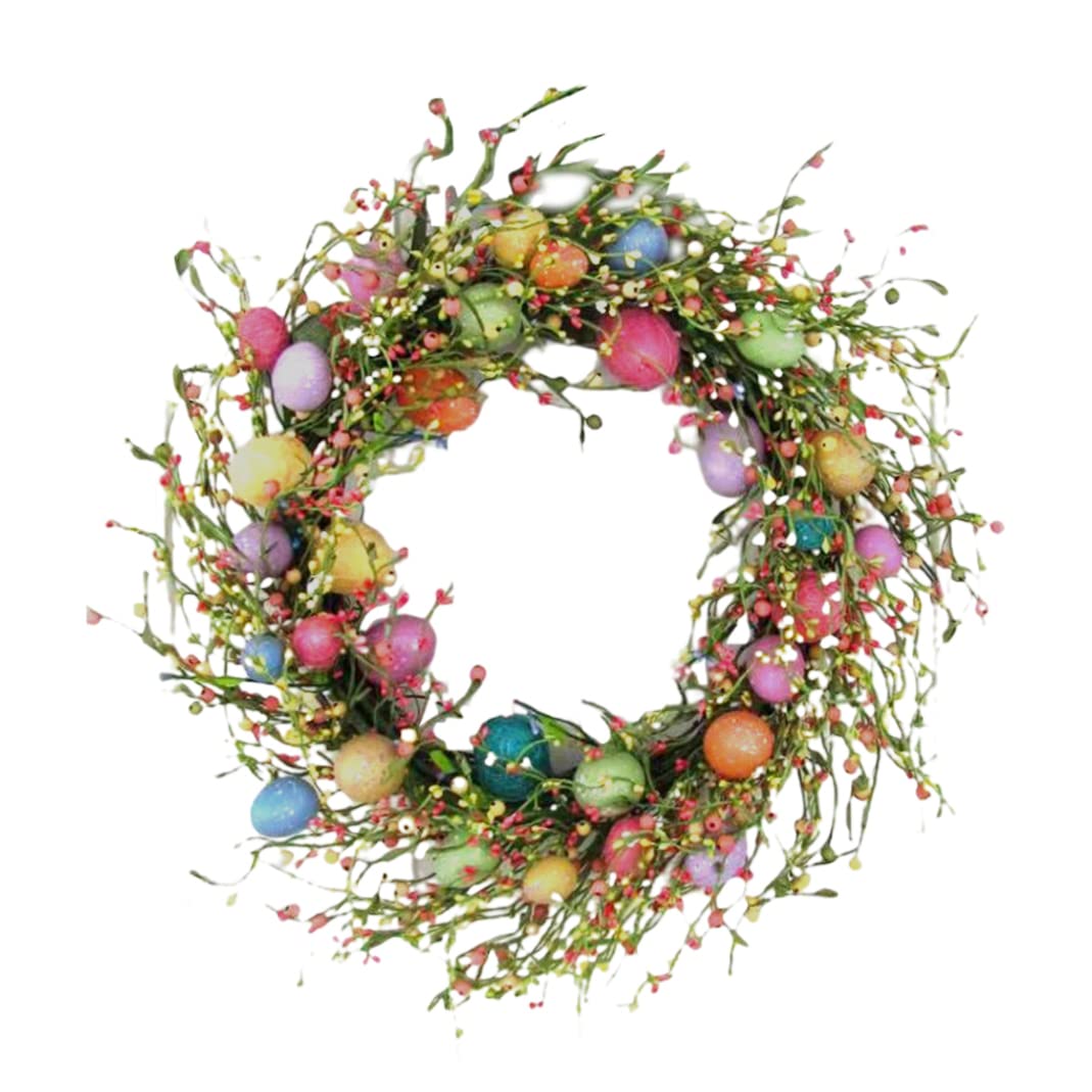 CAKEEYUM Easter Wreath Coloured Easter Egg Front Door Wreath with Flowers and Berry – Spring Garland Decoration for Home