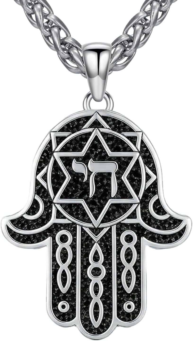 Hamsa Necklace 925 Sterling Silver Hand of Fatima Pendant Jewish Jewelry for Men Women