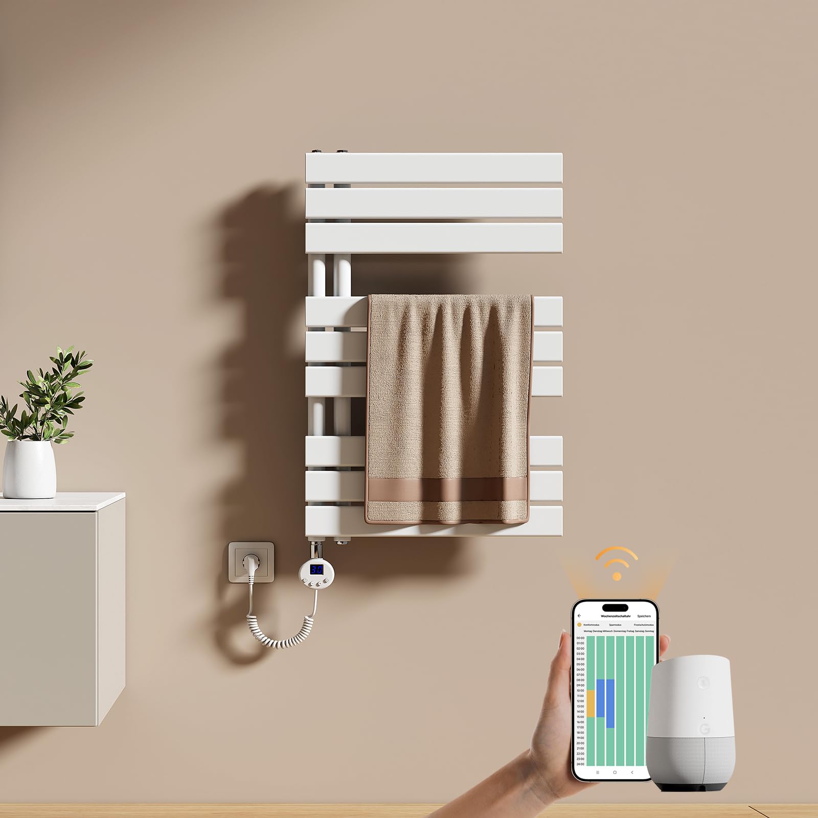 EMKE Scaldasalviette Elettrico con WIFI Termostato 76x50 cm, 400W Bianco, Scaldasalviette a Basso Consumo, Resistenza Riscaldante con Timer, Termoarredo Bagno, Scaldasalviette Elettrico Bagno