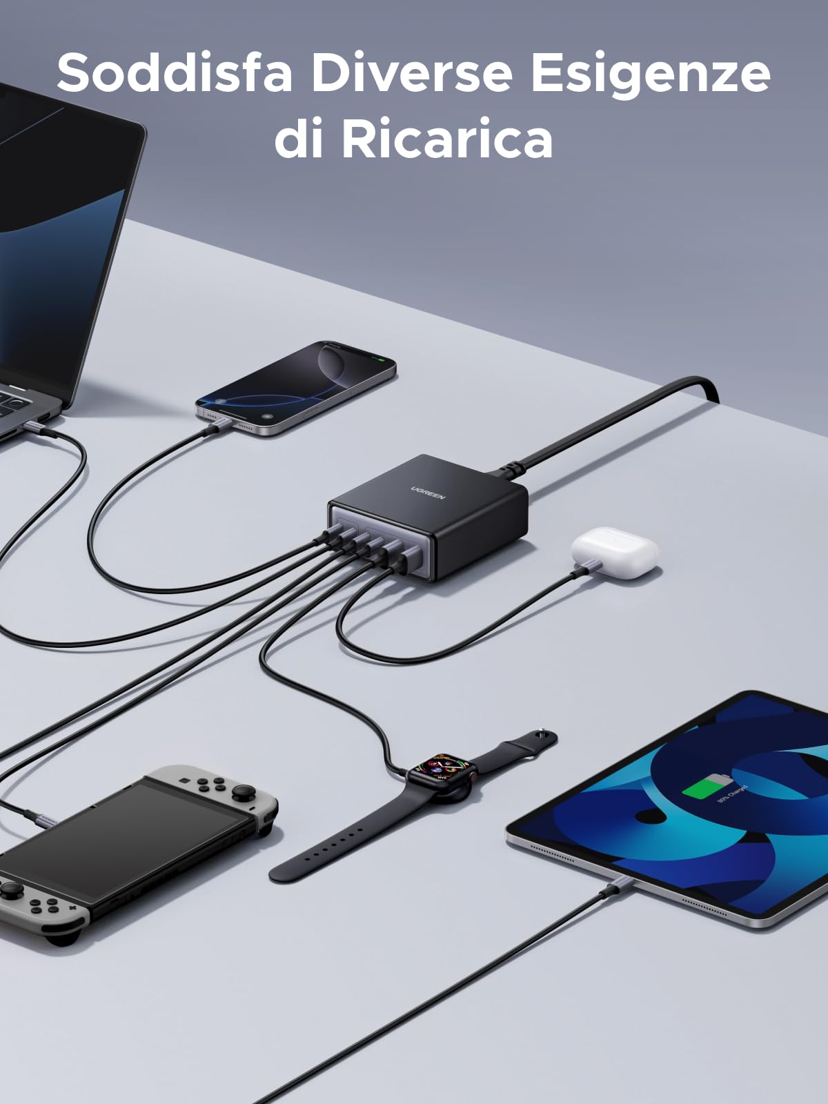 UGREEN Zapix 100W Caricatore USB C, Ricarica Rapida con 6 porte,Stazione di Ricarica da scrivania GaN Compatibile con MacBook Pro/Air, iPhone 17 Pro Max Air/Serie 16-12, Galaxy e Dell