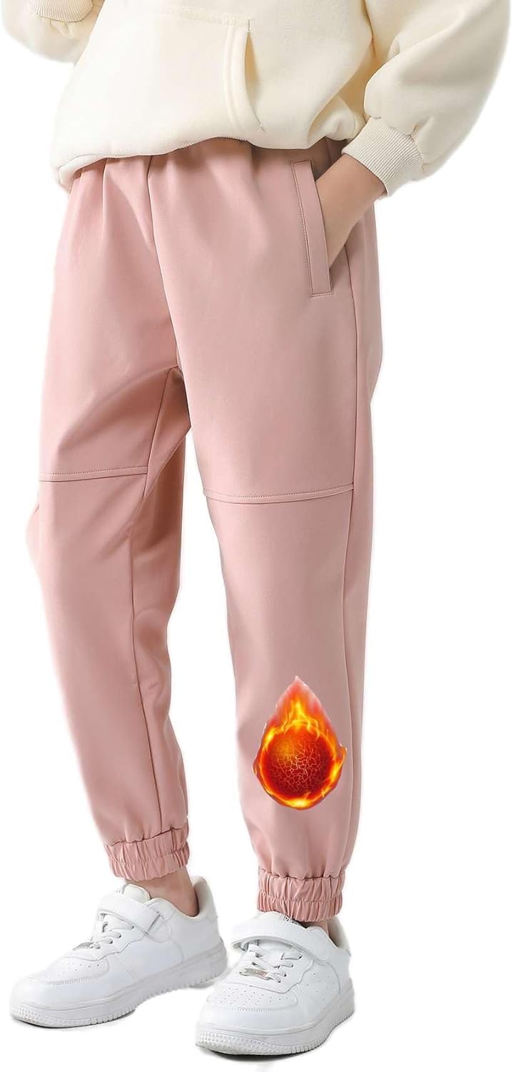 Girls Waterproof Jogging Pants Kids Fleece Lined Trousers Outdoor Elastic Waist Hiking Cargo Pants