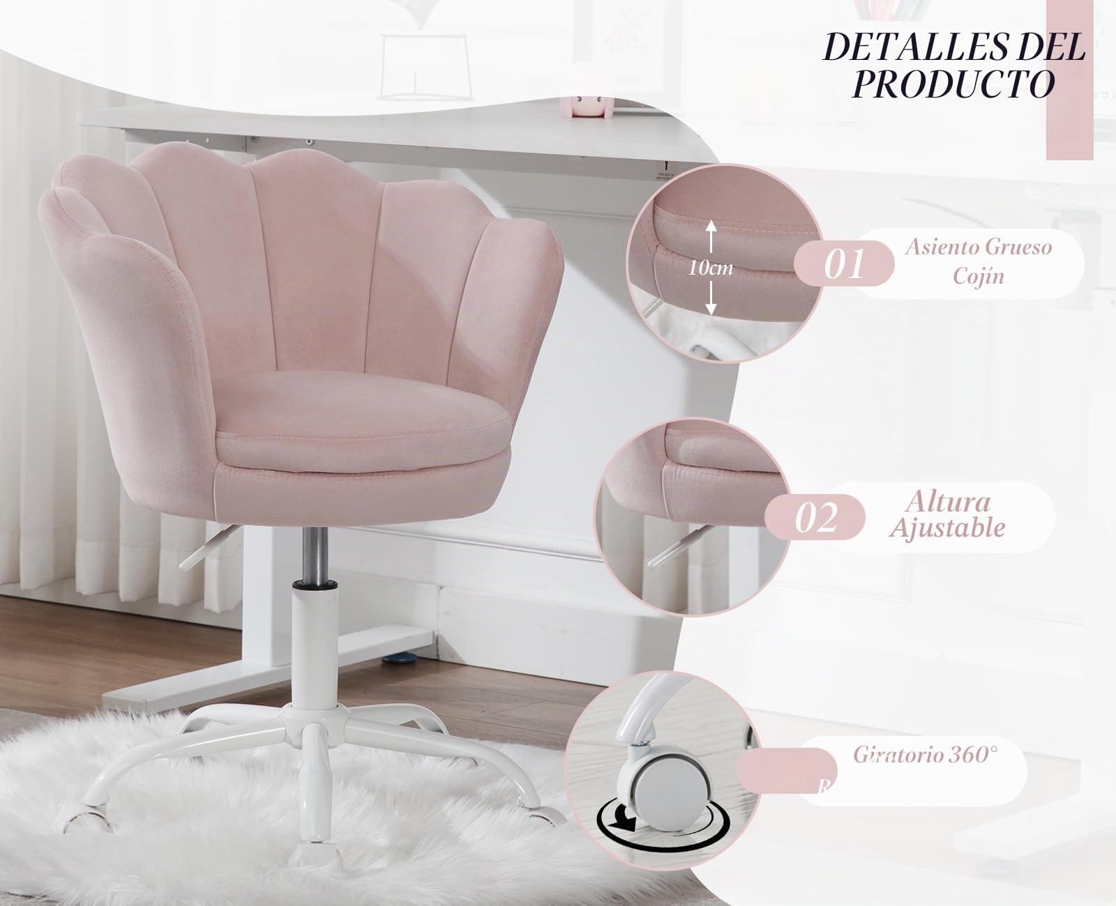 Ya-Home Silla Infantil de Escritorio Silla Giratoria Terciopelo de Estudio,Silla de Oficina Ajustable en Altura para Niños/Juvenil,Rosa Claro