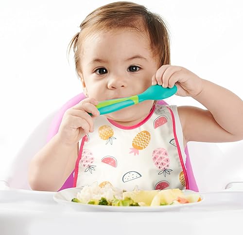 Vista 5 de R HORSE Juego de 5 baberos para bebés con bolsillo para atrapar migas y botón a presión, baberos impermeables para bebés de 6 a 24 meses Fruta