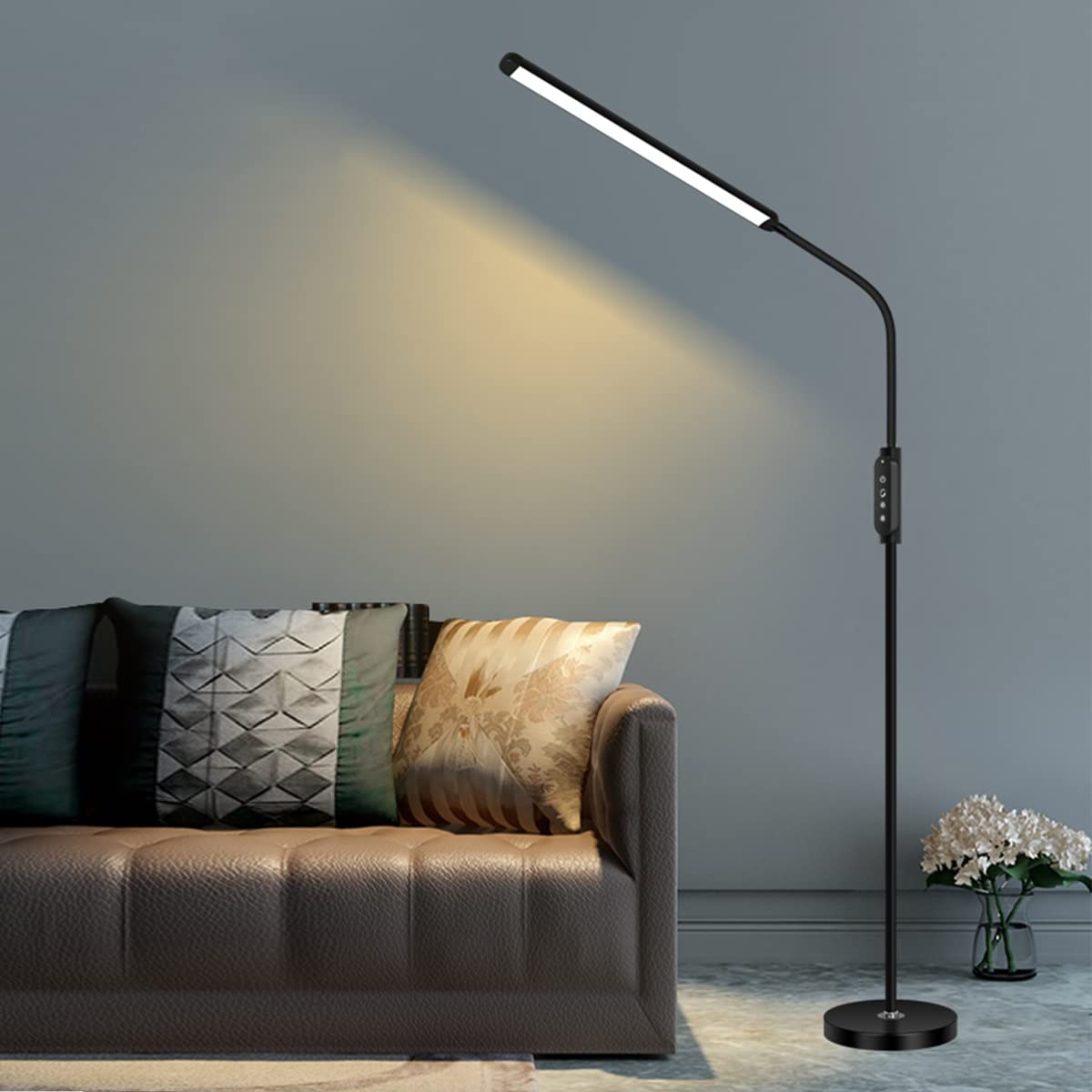 ACMHNC LED Stehleuchte Dimmbar Mit Fernbedienung, 18W LED Wohnzimmer Stehlampe Touch Leselampe für Schlafzimmer Studie Büro,Schwanenhals Standlampe Schwarz, Timer-Funktion, 1400LM, Kein Flimmern