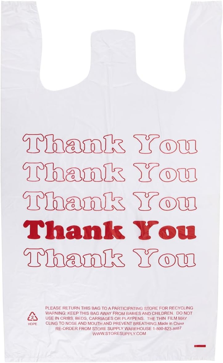 SSWBasics Premium Thank You T-Shirt Bags - 500 - Pack, 18” x 8" x 30", .48mil HDPE Thickness - Ideal for Restaurants, Retail, Grocery, Takeout - Standard Supermarket Size - Strong and Durable
