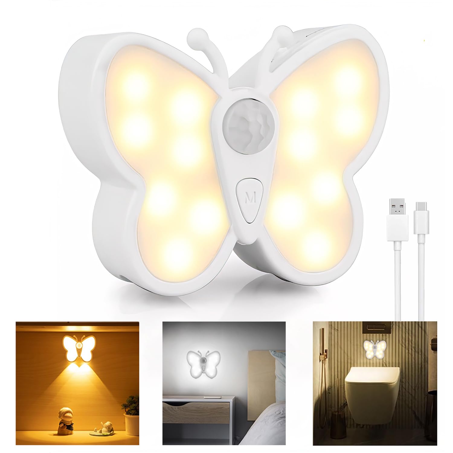 Luz Nocturna con Sensor de Movimiento Luz de Armario USB Recargable LED Aplique de Pared Regulable con 3 Modos Lámpara de Noche Pilas para Dormitorio Salón de Los Niños Escalera Pasillo
