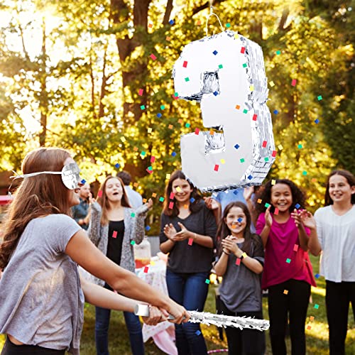 Silver Foil Number Pinata For Kids Birthday Party Small Pinata Themed Party Supplies Christmas Decoration With Silver Blindfold 15.75 Inches Stick And Confetti,16.1 X 10.6 X 3 Inch(Number 3) #TOP6