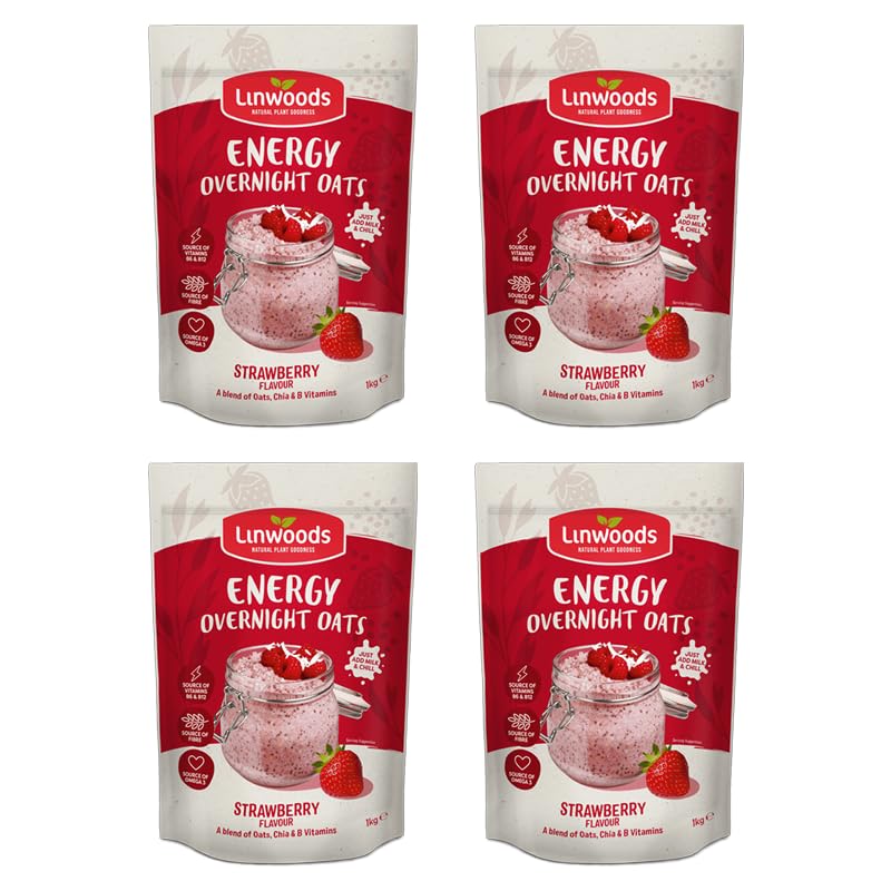 Linwoods(4x 1KG) Strawberry Energy Overnight Oats | Gluten Free Oats | Healthy Plant Based Breakfast