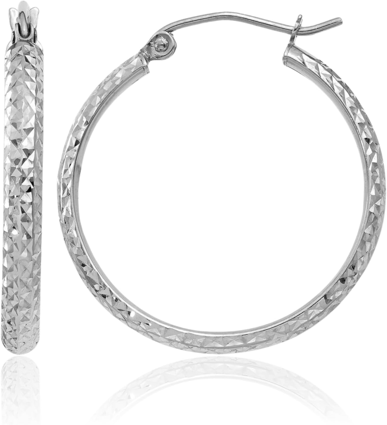IceCarats 14K Solid White Gold Medium Round Hoop Earrings 25mm 1 inch Snap Back, Diamond Cut For Her