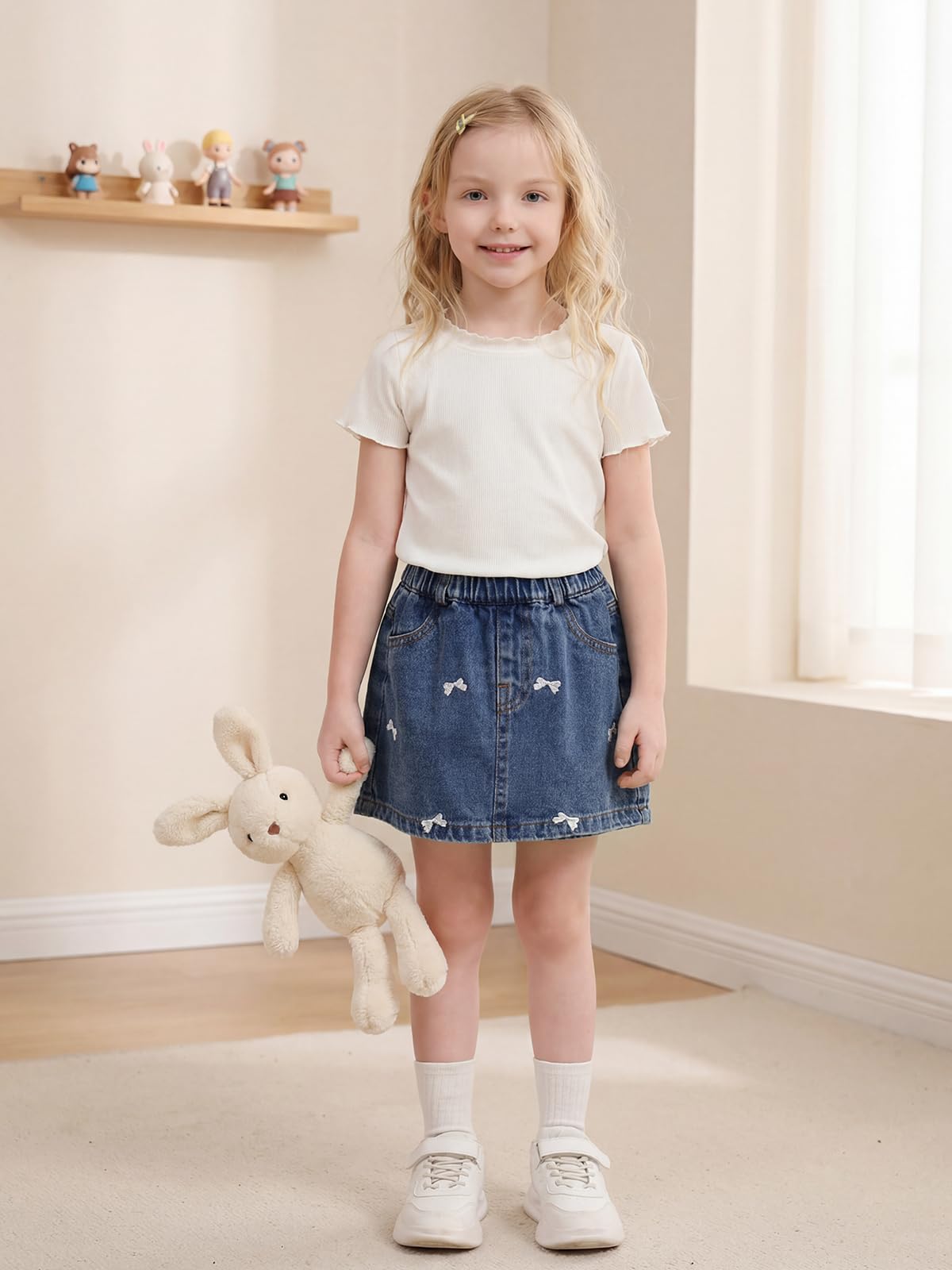 Miipat Gonna in Denim per Bambina, Gonna di Jeans con Pantaloncini a Pieghe a Vita Alta Modello ad A Elastico Casual Mini Gonne con Tasche per Bambine e Ragazze