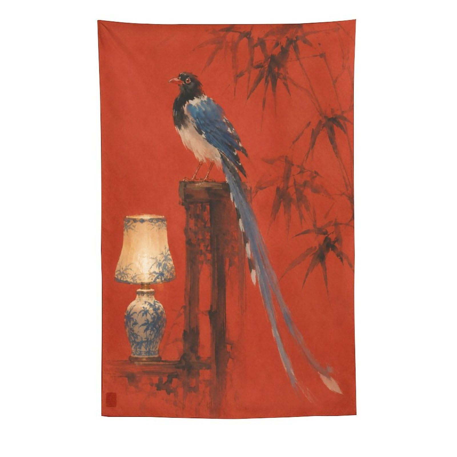 H3B8U2Y5 Blue Macaw on Lamp Wall Tapestry, Realistic Illustration, Bedroom