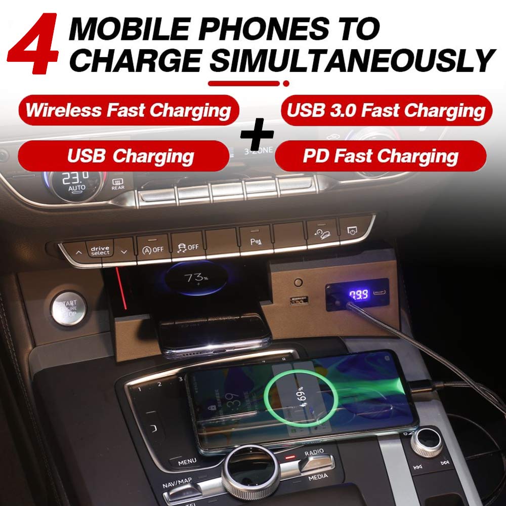 2021 Nuevo Cargador Inalámbrico Coche para Audi Q5 SQ5 2021 Consola Central Panel, 15W Carga Rápida Auto Teléfono Cargador con QC3.0 USB y 18W PD para iPhone 12/11/XS/X/8, Samsung S20/S10/S9