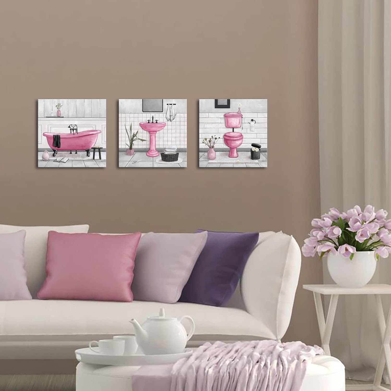 HOMEOART Bathroom Wall Art Bath Tub Painting Picture Bathroom Wall Decor Framed Ready to Hang 12x12inchx3 Pink