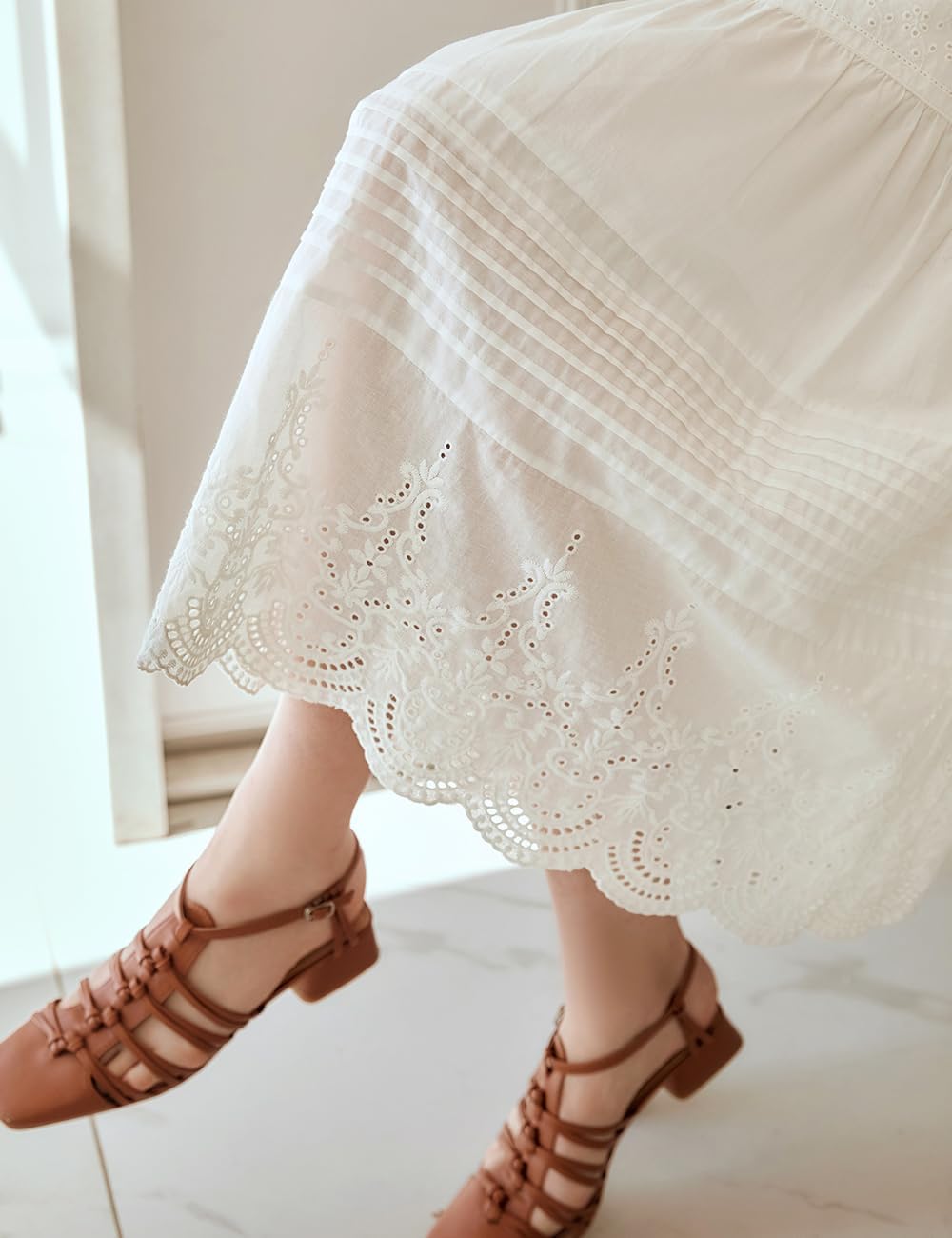 Women's White Cotton Bohemian Long Skirt, Elastic High Waist Eyelet Embroidered Lace Summer Beach Tiered Midi Dress - Image 4