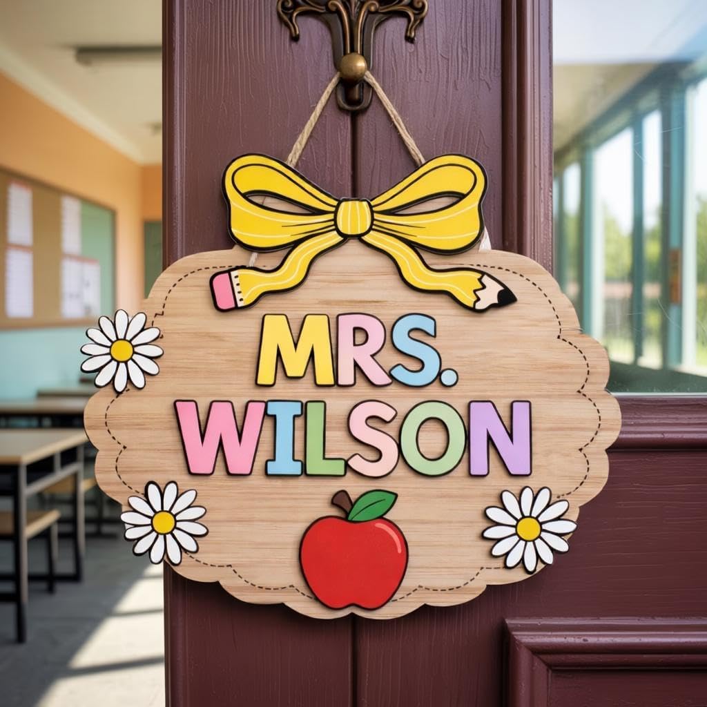 Personalized Teacher Pencil Door Hanger Custom Classroom Name Sign Wooden School Decoration Appreciation Gift Back To Entryway Welcome Plaque Wood Hanging Ornament Front Porch Wall Art Decor Yellow