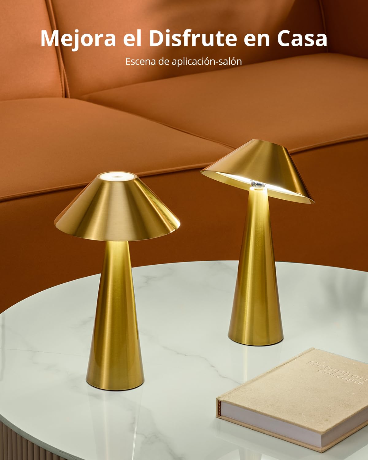 Bojim 2 Piezas Lamparas de Mesita de Noche Sin Cables LED Recargable Exterior Cabeza Giratoria, Lámpara Luz Tactil Table de Bateria Candeeiro Lamps para Exterior Portatil Interior IP54 Metal Dorado