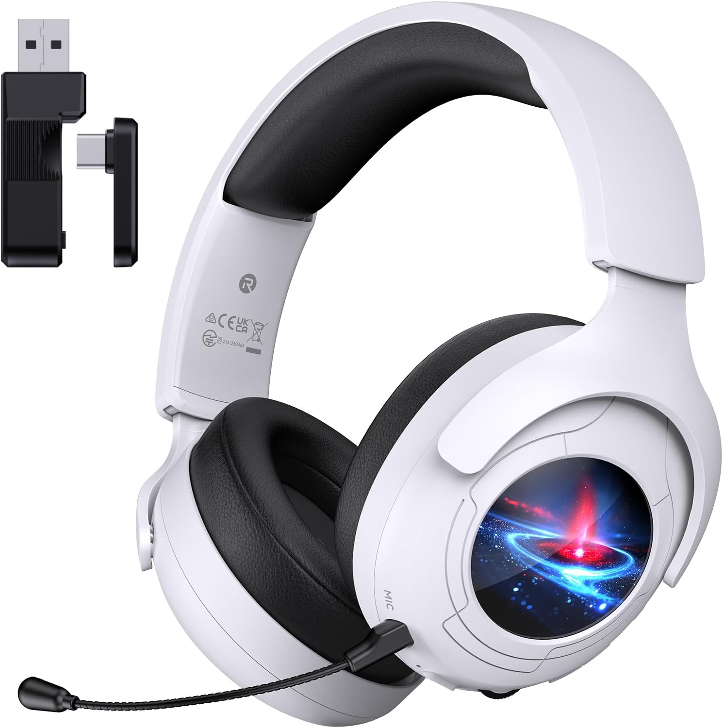 2.4GHz Gaming Headset Wireless for PS5, PS4, PC, Switch, Fortnite/Starfield/FPS Gamers, Bluetooth 5.3 Gaming Headphones with Noise Canceling Mic, 45H+ Battery, Bass Sound, RGB Light-White