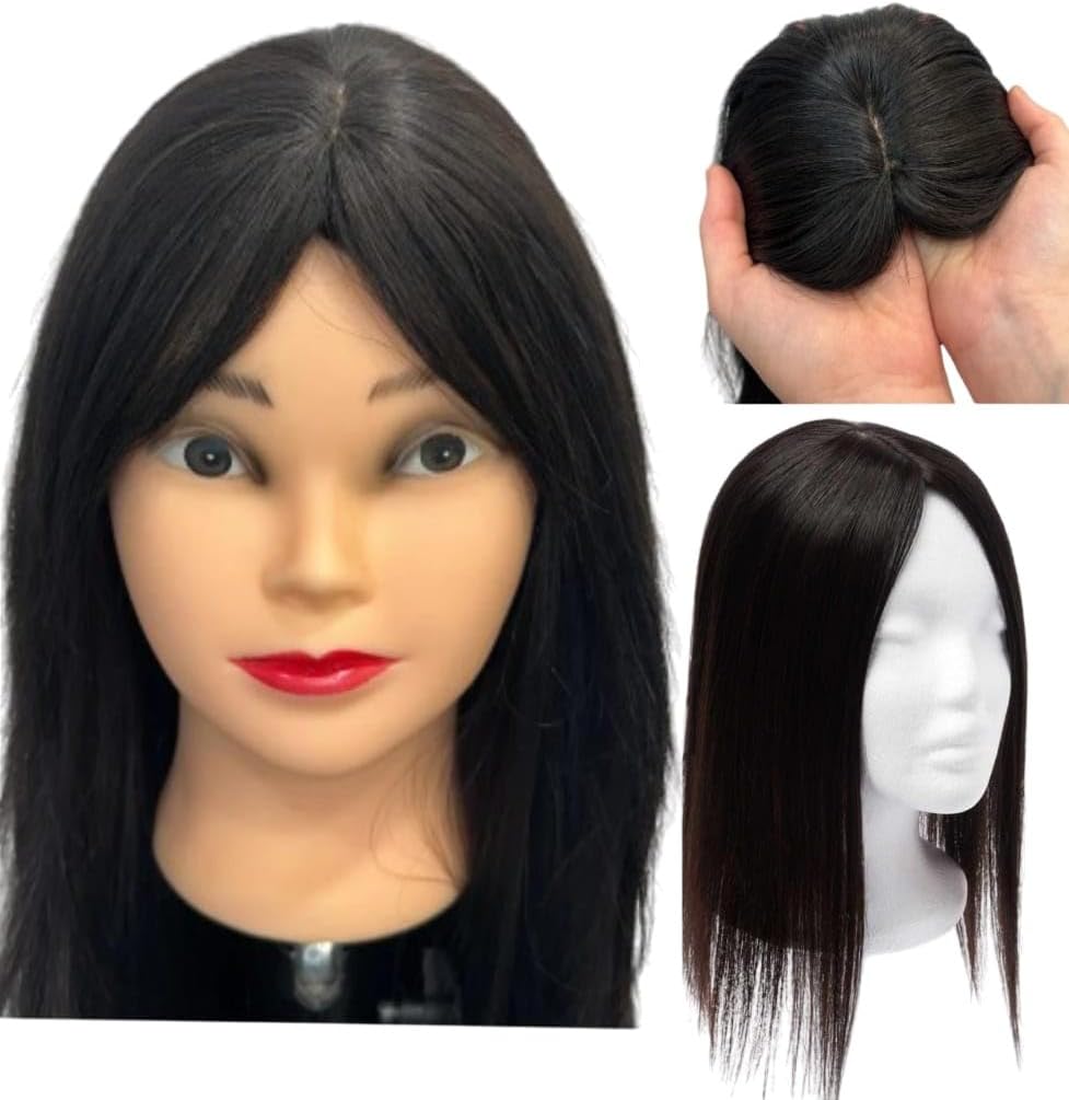 DAZZ LOOK® 4 x 4 Inch Base, 5 Clips Hair Topper, Hair Extension for Instant Look Change by Covering Thinning, White, Grey Hair, 16 Inches Long, Jet Black Color