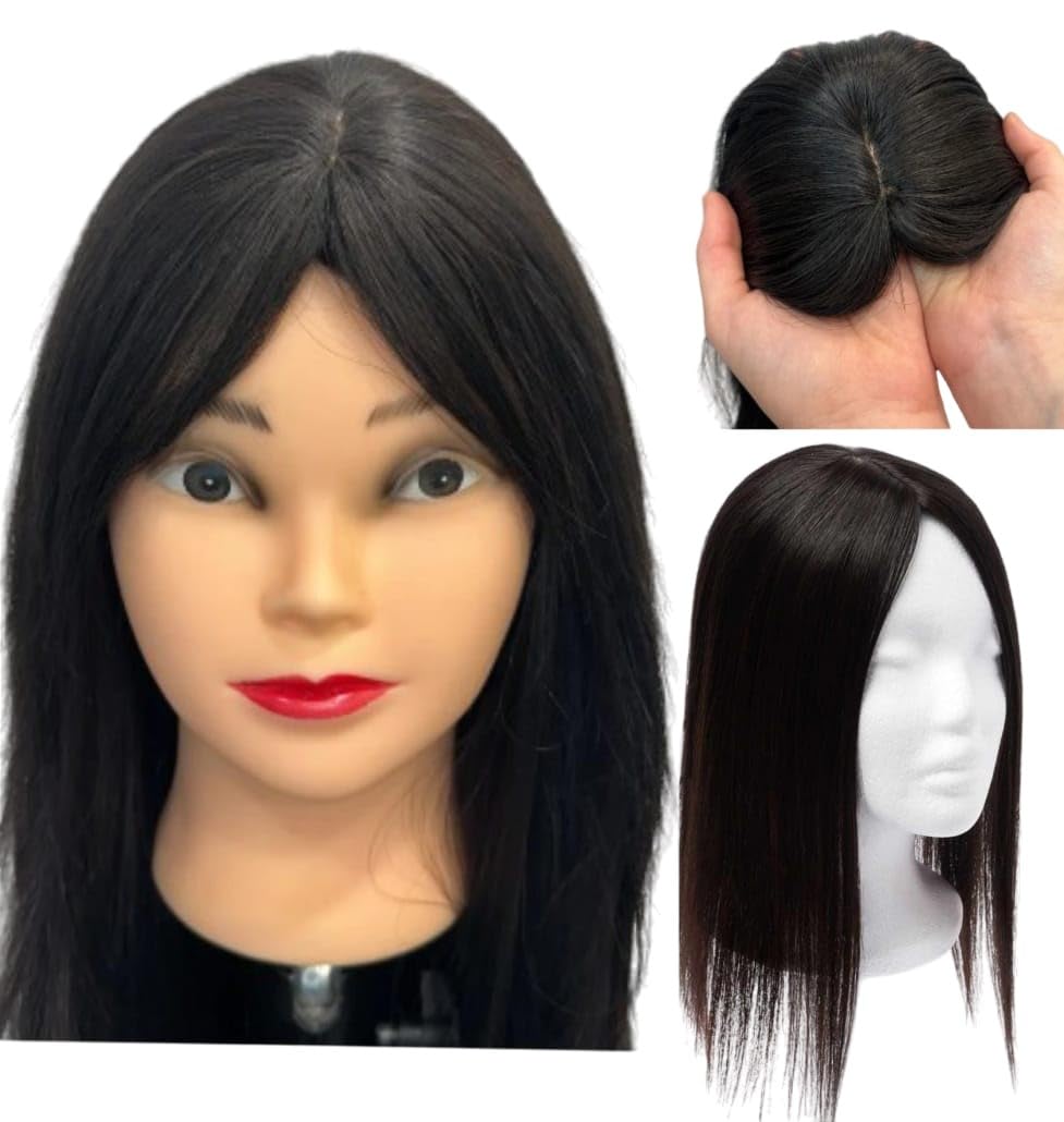 DAZZ LOOK® 4 x 4 Inch Base, 5 Clips Hair Topper, Hair Extension for Instant Look Change by Covering Thinning, White, Grey Hair, 16 Inches Long, Jet Black Color