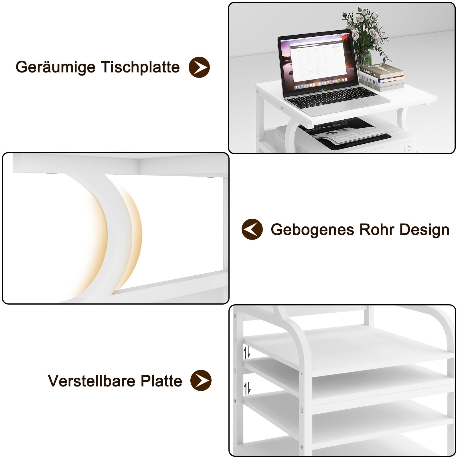 PUNCIA 3-Ebenen Druckertisch höhenverstellbar 60 x 50 cm Druckerständer | Mobiler Druckerhalter mit Rollen Druckwagen aus Holz & Metall für Großen Drucker für Arbeitszimmer Büro Office Weiß