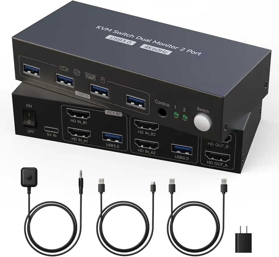 Switch Kvm Hdmi para 2 Monitores, 2 Computadores 4K60Hz com 4 Portas Usb 3.0 para Compartilhar Monitor Duplo Em Pcs Ou Laptops, 1 Conjunto de Teclado, Mouse e Impressora com Edid Adaptativo