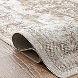 TOPICK Fußmatte Waschbar 60x90cm Braun Kurzflor Türmatte Vintage Innenbereich Faltbar Dünner Teppich Retro Distressed Multi Blumendruck Land Boho rutschfest Küche Schlafzimmer