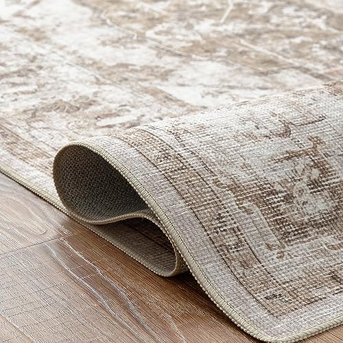 TOPICK Fußmatte Waschbar 60x90cm Braun Kurzflor Türmatte Vintage Innenbereich Faltbar Dünner Teppich Retro Distressed Multi Blumendruck Land Boho rutschfest Küche Schlafzimmer
