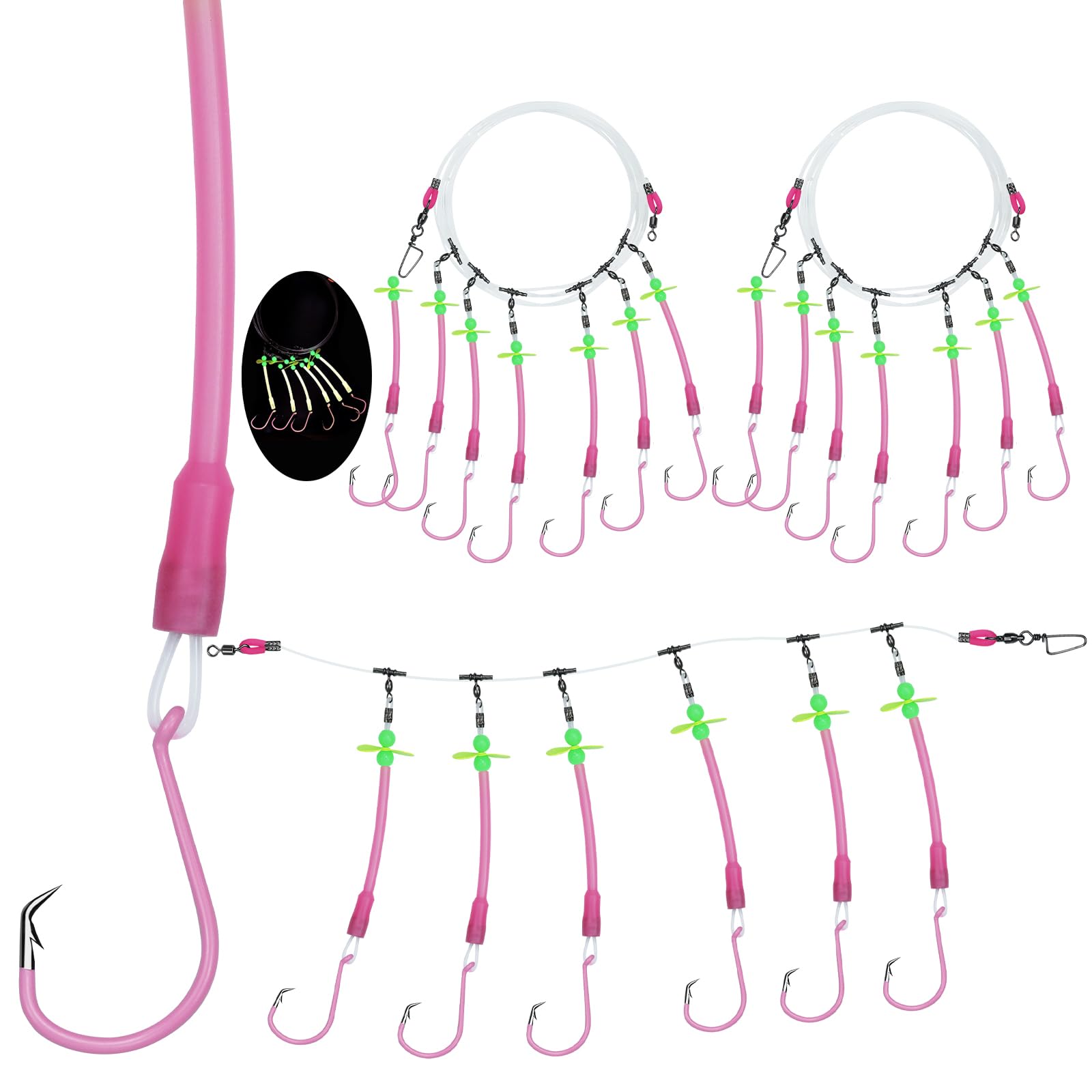 Confezione da 2 ami luminosi a goccia profonda, ganci circolari 6/0 8/0 10/0 con maniche in PVC incandescente, rig da pesca inferiori per Tilefish, Snapper e cernia