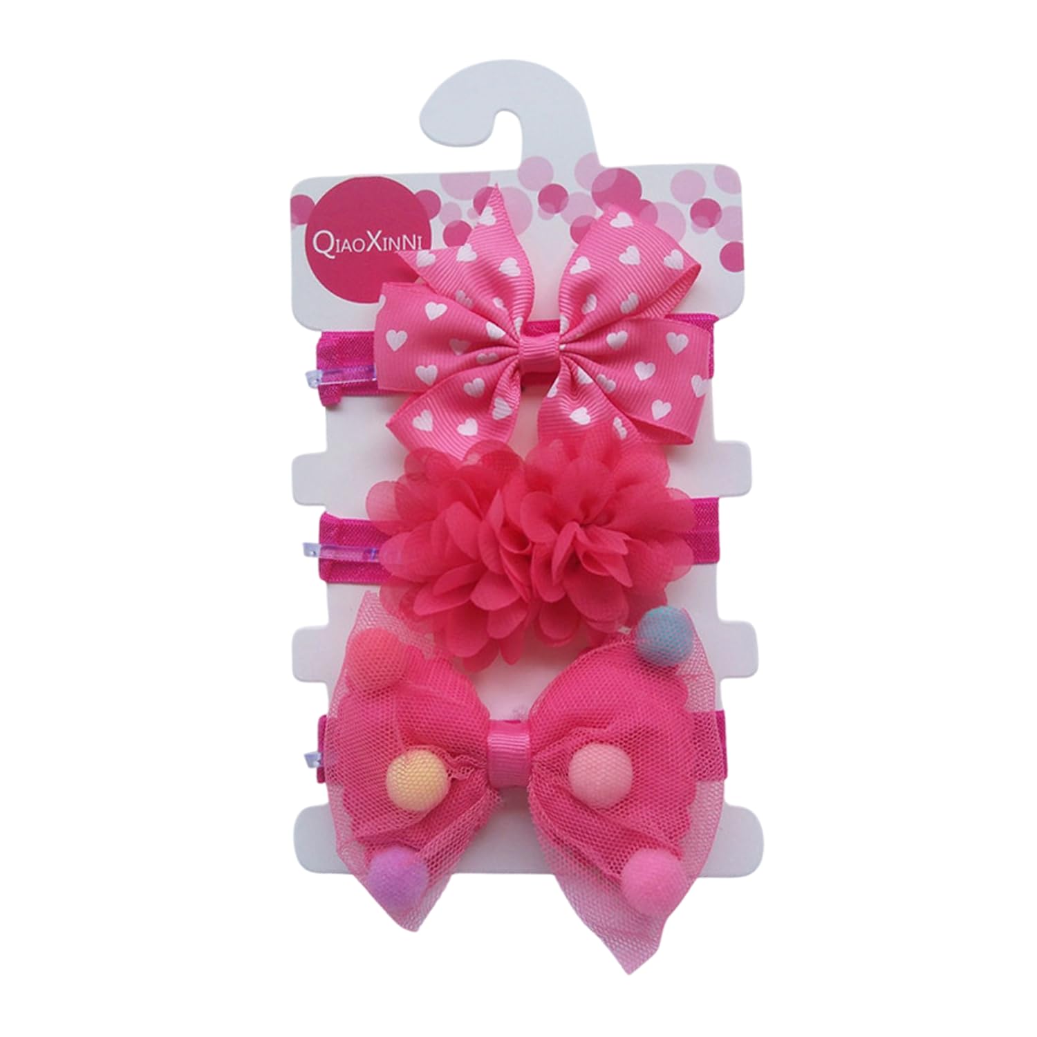 SYGA 3 Piece Baby Headband Set, Stretchable Fabric Bow and Flower Headdress for Newborn Infant Toddlers Kids-0-3 Years (Hot Pink with polka dots and floral details)-image-44