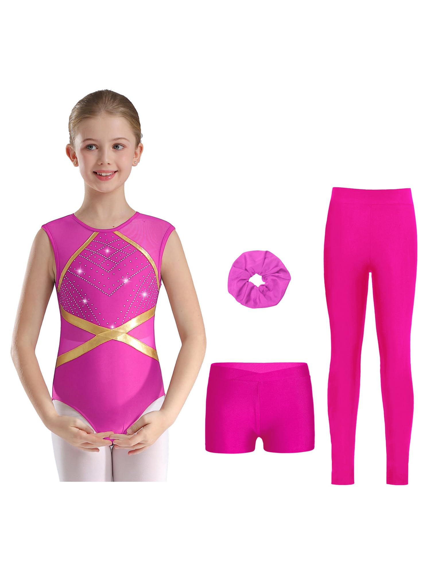Oyolan Ensemble de Gymnastique 4 Pièces pour Fille Justaucorps Legging Short Chouchou Tenue Danse Gym Patinage Sport Fitness