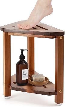 Acacia Wood Corner Shower Stool, Foot Rest 2-Tier Triangle Bath Seat with Non-Slip Feet & Drainage Slots, 34 cm High Small Bathroom Bench Storage Shelf for Inside Small Shower Spaces