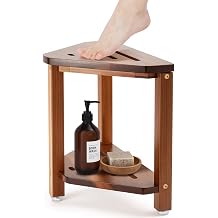 Acacia Wood Corner Shower Stool, Foot Rest 2-Tier Triangle Bath Seat with Non-Slip Feet & Drainage Slots, 34 cm High Small Bathroom Bench Storage Shelf for Inside Small Shower Spaces