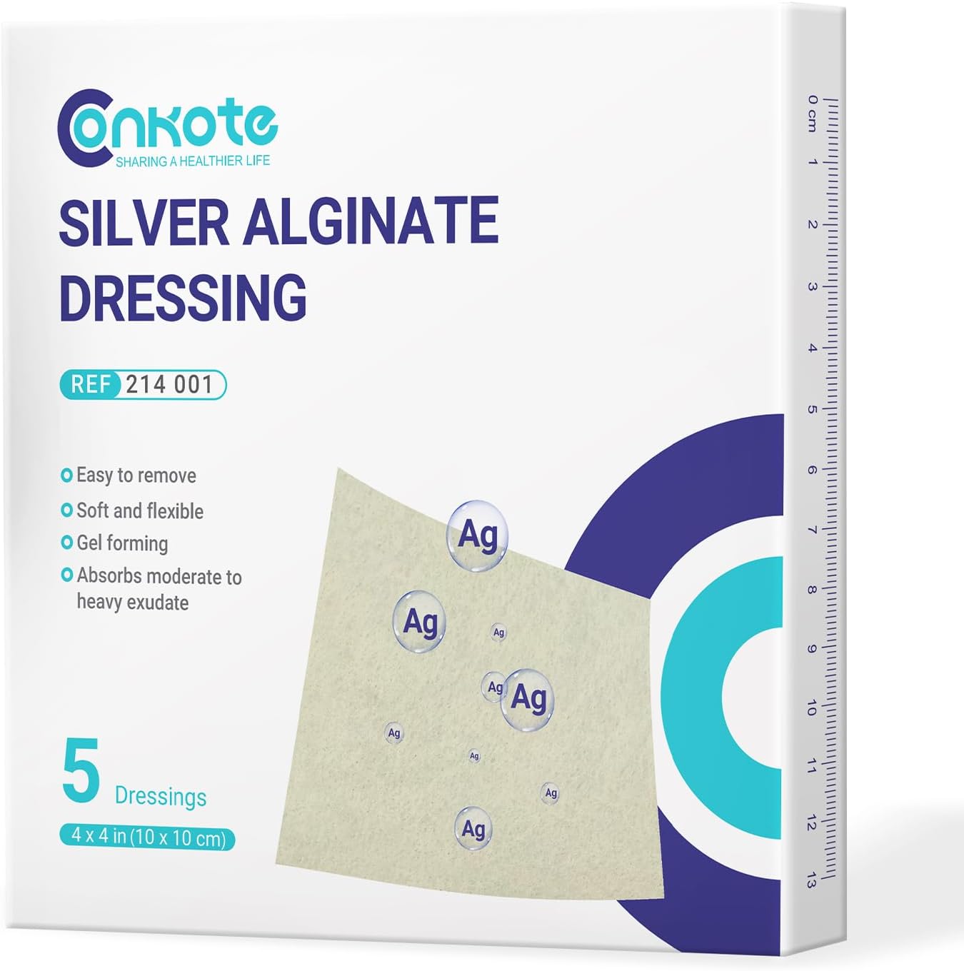 Conkote Silver Alginate Wound Dressing Pads 4” x 4”, 5 Pack, Non-Stick Padding Ag Patches, Highly Absorbent for Pressure Ulcer, Bed Sore and Diabetic Foot Ulcer
