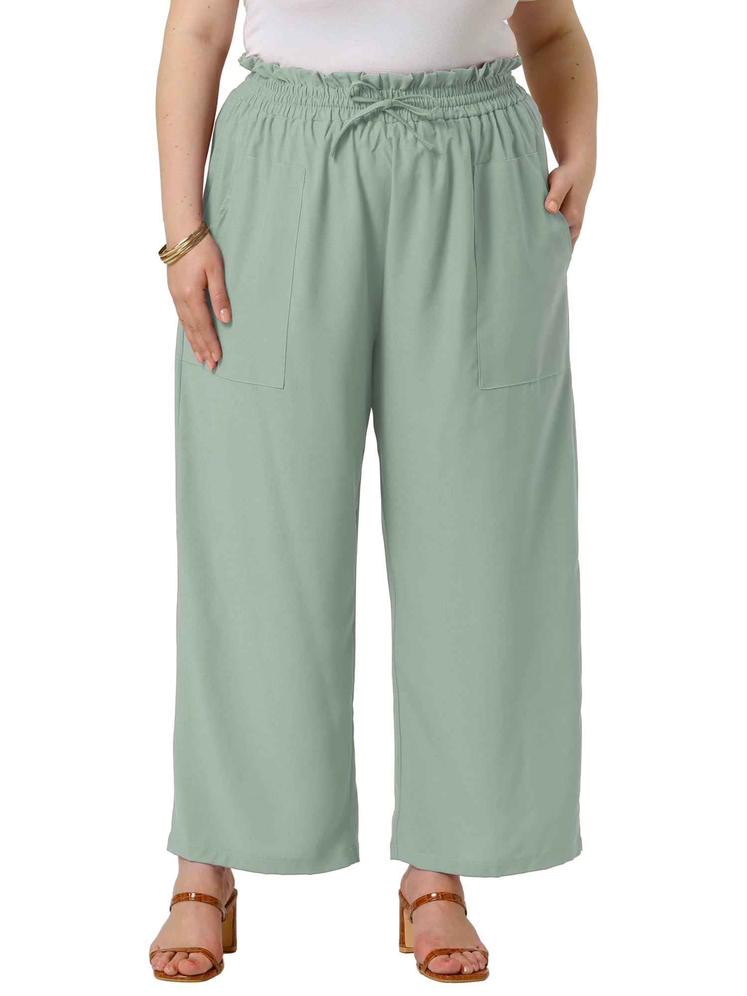 Agnes Orinda Plus Size Womens Casual Pants High Waisted Self-Tie Belted Lounge Pants Straight Long Trousers with Pockets
