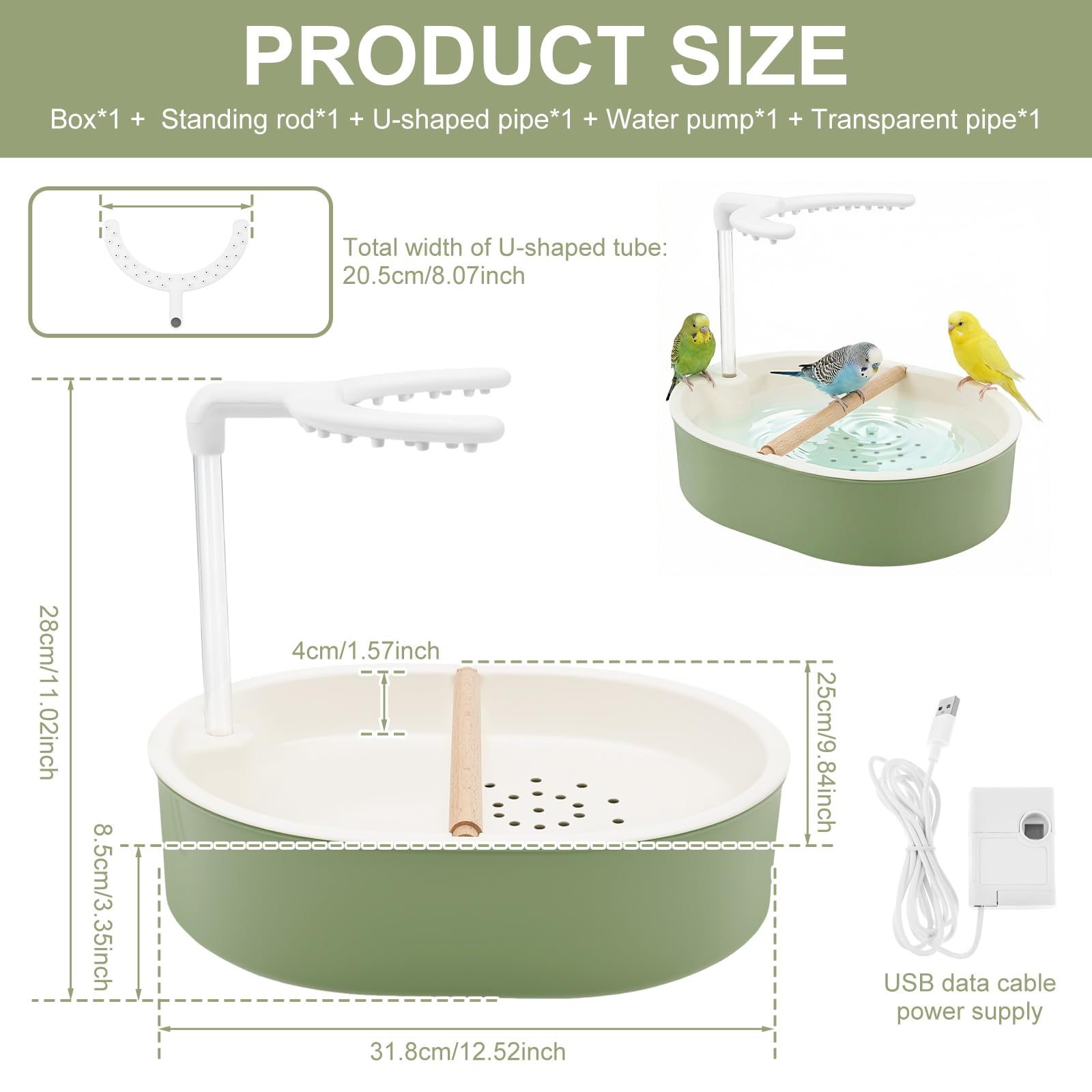 Automatische Vogelbadewanne mit USB-Wasserzirkulation | Robuste Vogeldusche & Papageienbad. Ideal für Wellensittiche, Nymphensittiche und Agaporniden. Fließendes Wasser per USB.