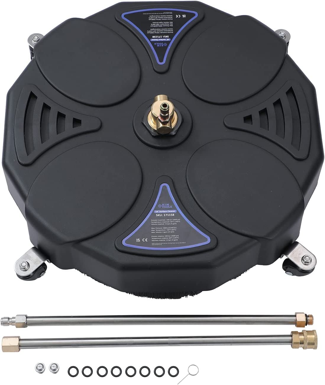 Aim Tools 18 Pulgada Accesorio Limpiador de Superficies de Lavadora a Presión 3600 PSI con 4 Ruedas Giratorias para Limpieza de Suelos, con 2 x 16 Varillas de Extensión y 2 Boquillas