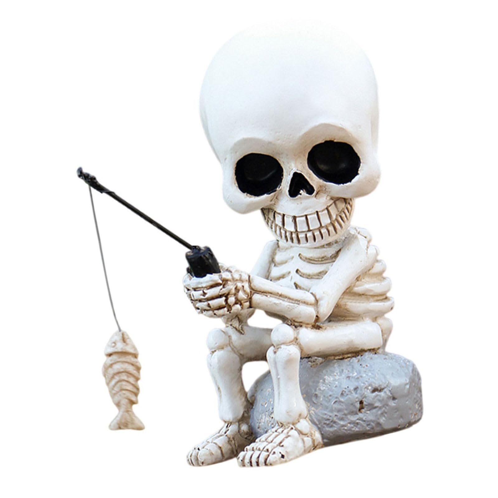 Kalttoy Resins Halloween Skeleton Fisherman Sculpture with Shaking Head Design for Garden Patios Pond Decoration Gift Halloween Shaking Head Skeleton Fishing Statue
