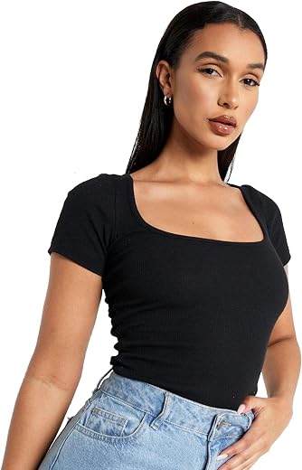 Stars and You Short Sleeves Square Neck Rib top