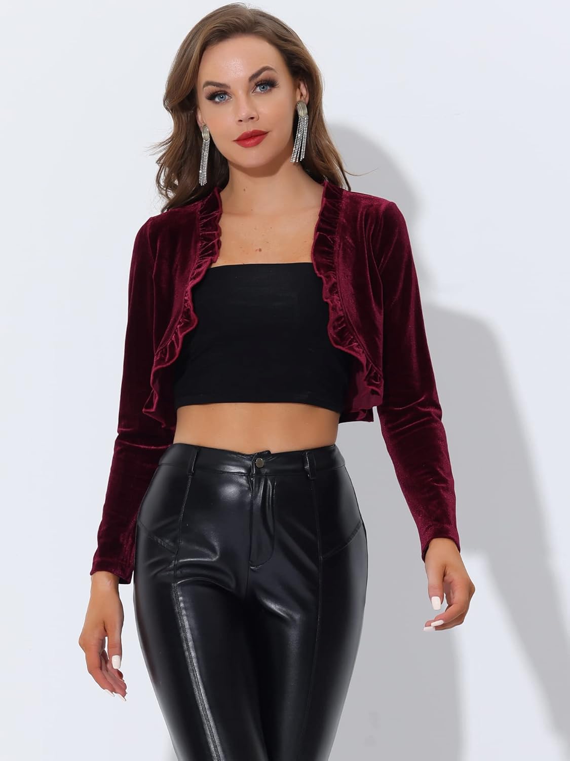 Allegra K Women's Cocktail Party Open Front Cardigan Long Sleeve Cropped Velvet Shrug Top - Image 3