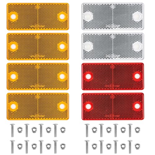Rechteckige Reflektoren zum Anschrauben, 8 Pack, Orange, Weiss und Rot, 90 x 40 x 6,5 mm Abmessung, 70 mm Lochabstand, mit E-Prüfzeichen, inkl. M5 Schrauben + Muttern, eckige Reflektoren für Anhänger