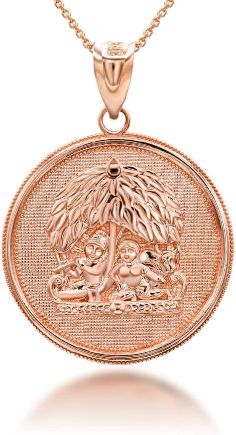 Radha Krishna Hindu Kadamba Tree Medallion Pendant Necklace Fine With Rolo Chain Real Solid 14Kt Gold