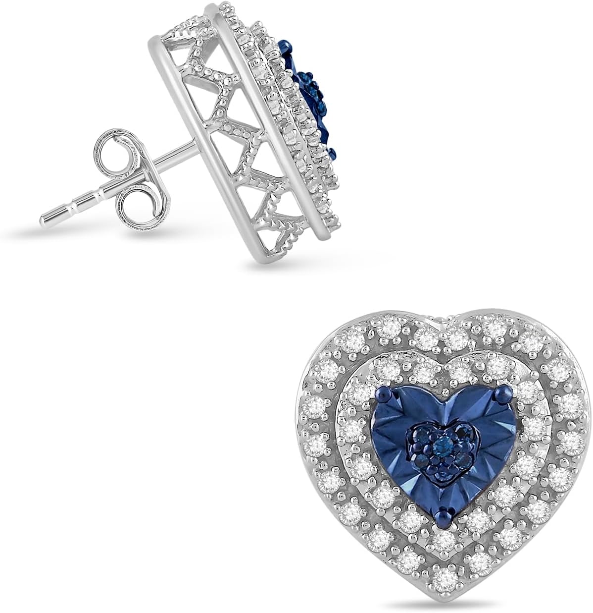 Jewelili 925 Sterling Silver Stud Earrings for Women | 1/4 CTW Diamonds | Choice of Heart, Cushion, Pear or Round shape in Black, Blue, or White Diamonds | Push Back Post | Fine Jewelry