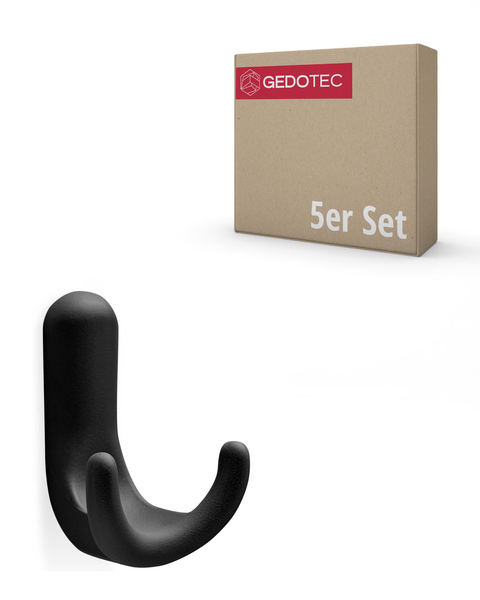 Gedotec Coat Hooks Plastic GA94 Double Hooks Pack of 5 Including Mounting Material Black Matt Hooks Invisible Mounting for Wardrobe and Wall Mounting Clothes Hooks Wall Modern