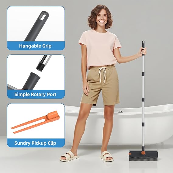 Floor Scrub Brush with Long Handle, 3 in 1 Scrape and Heavy-Duty Stiff Bristle Floor Scrubber Brush Broom with Squeegee and Tweezer for Cleaning Grey