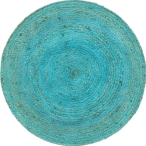 Image of Unique Loom Braided Jute Collection Area Rug - Dhaka (3' 3 inch Round, Turquoise)
